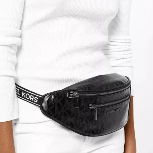 Michael Kors Handbags - Michael Kors Black MK Logo Leather Belt Bag with Branded Strap